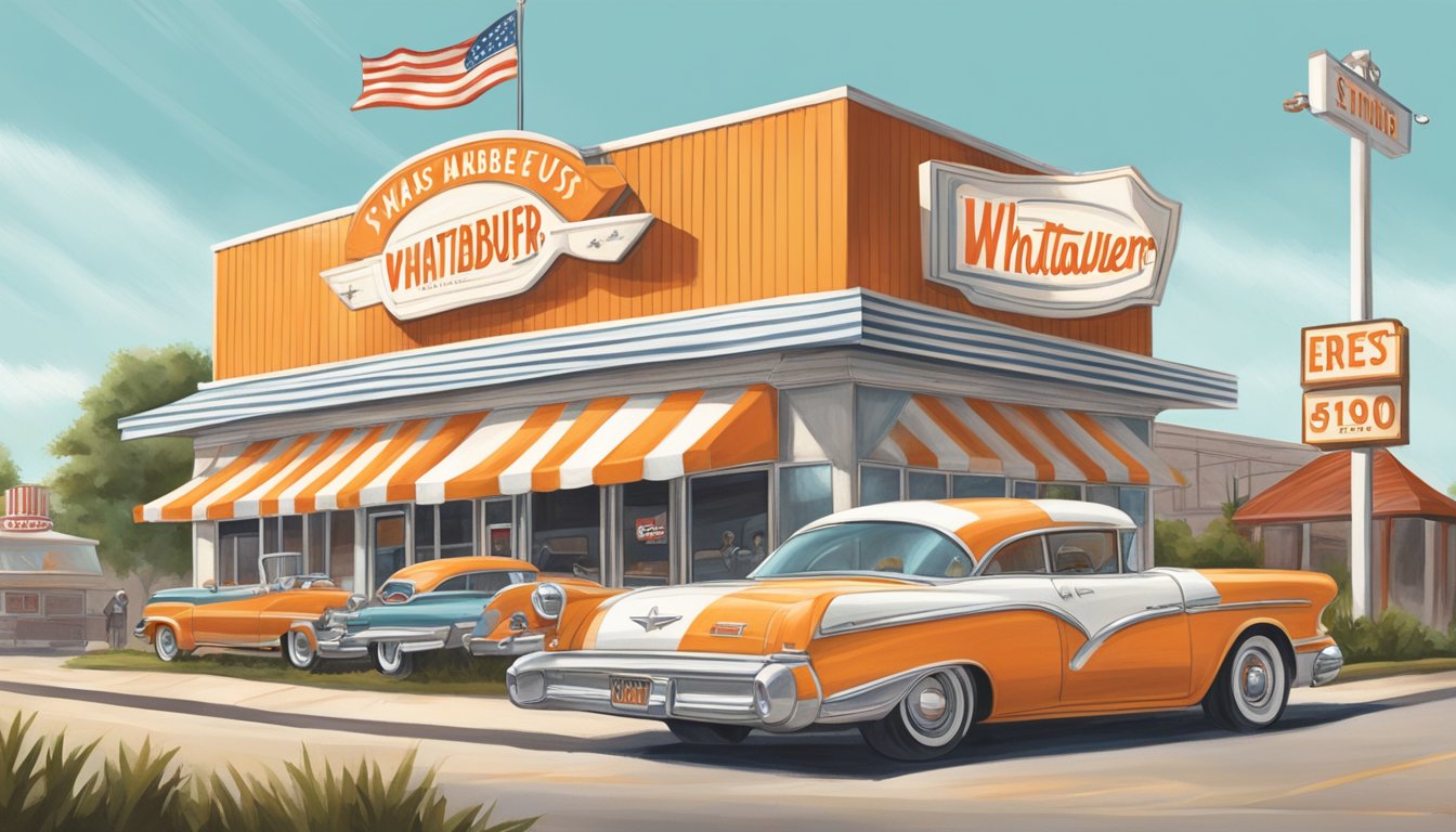 A bustling Texas town with a retro diner, a distinctive orange and white striped roof, and a sign reading "Whataburger Est. 1950."