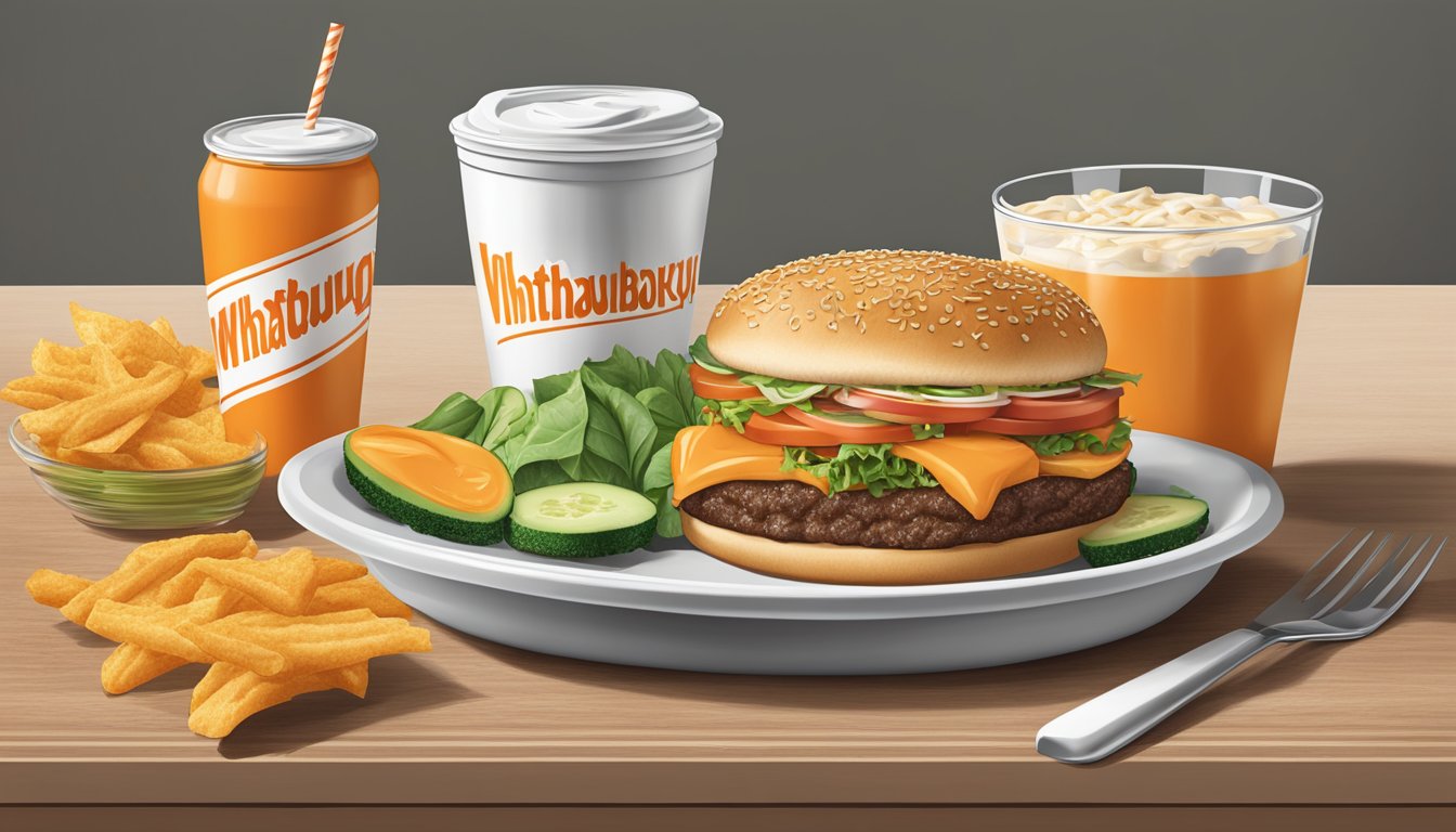 A table with a Whataburger special, surrounded by fresh ingredients and a nutrition label