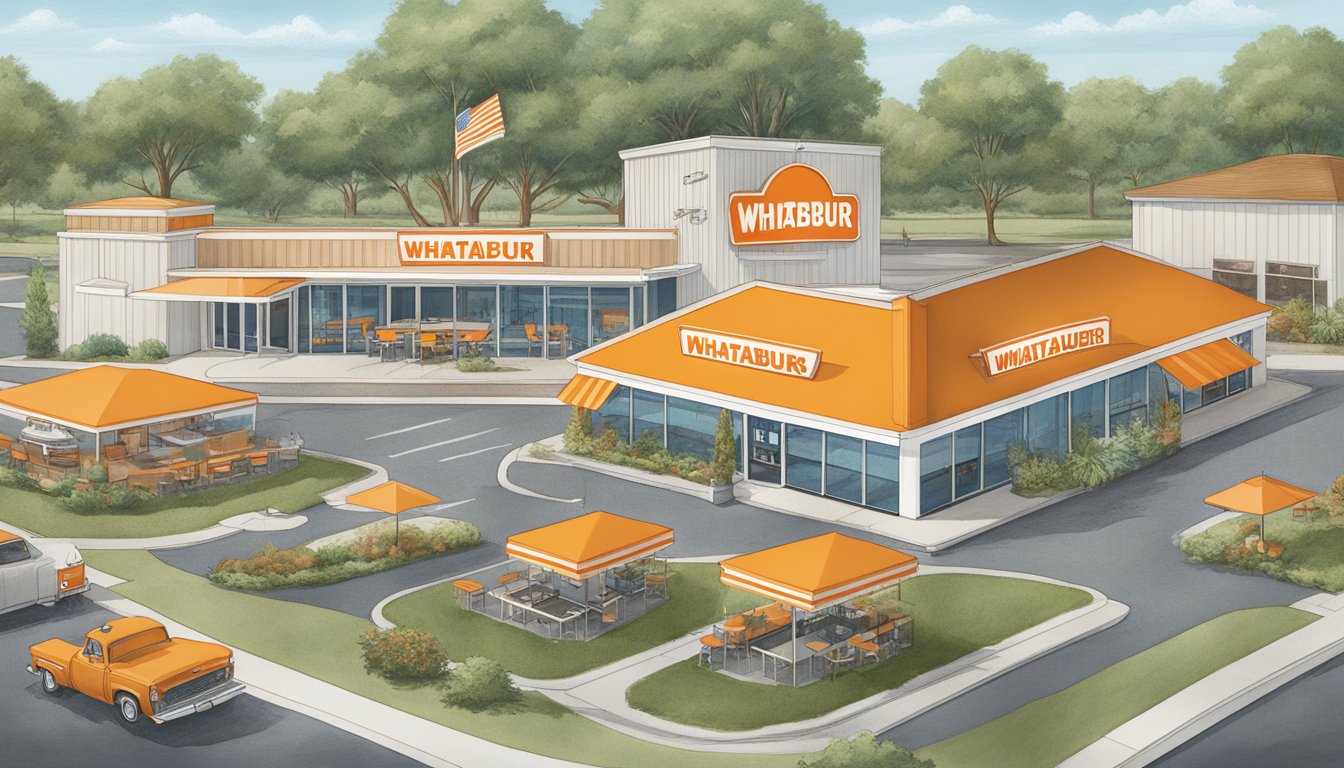 The Whataburger company's history depicted through a series of expanding and growing restaurant locations across different states