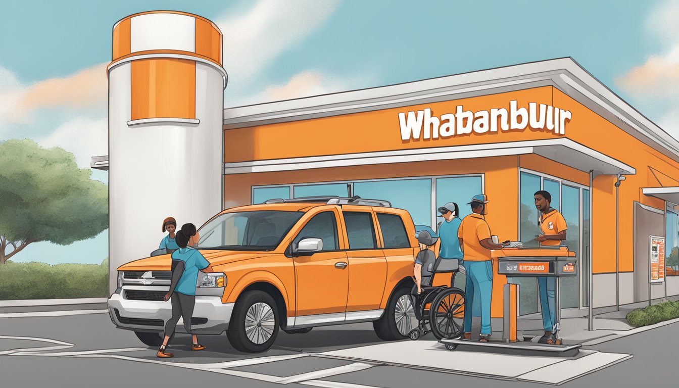 A Whataburger drive-thru with a wheelchair-accessible ordering station and a staff member delivering a special meal to a customer's car