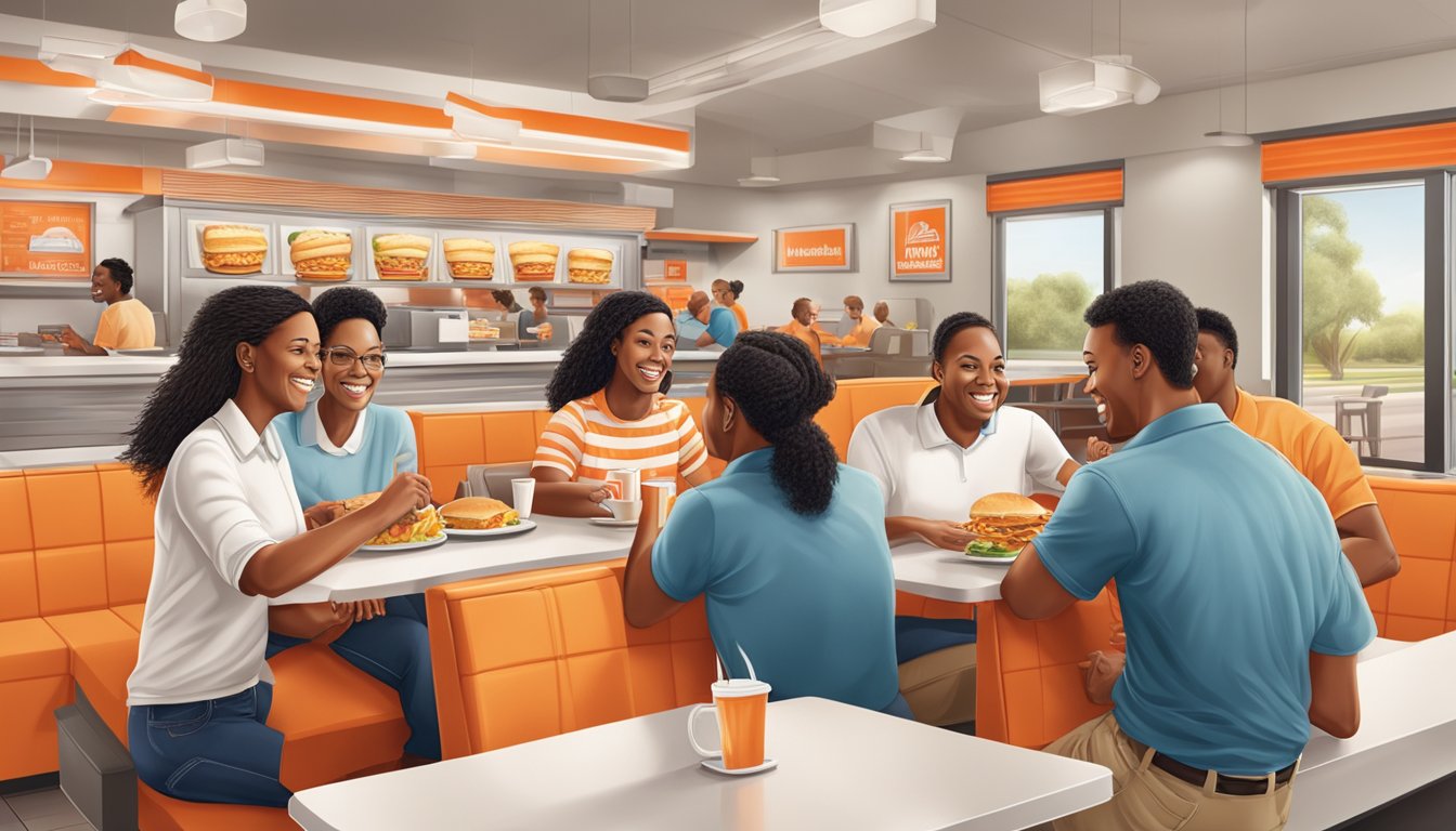 A group of happy customers enjoying their meals at a Whataburger restaurant, with staff members providing excellent service and rewards for their loyalty