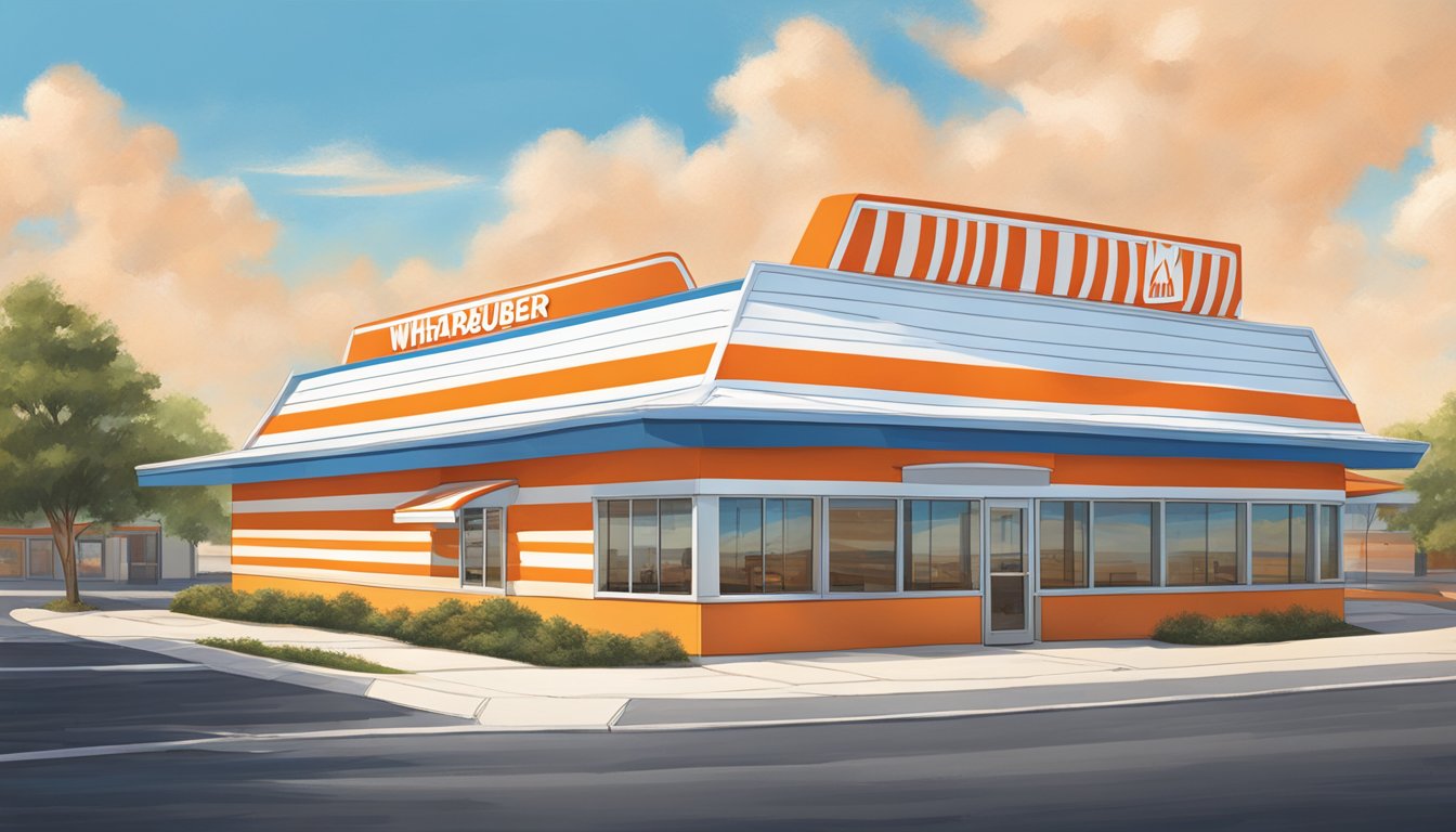 The iconic orange and white striped A-frame building of Whataburger stands proudly against a bright blue sky, with the company's bold logo displayed prominently on the sign