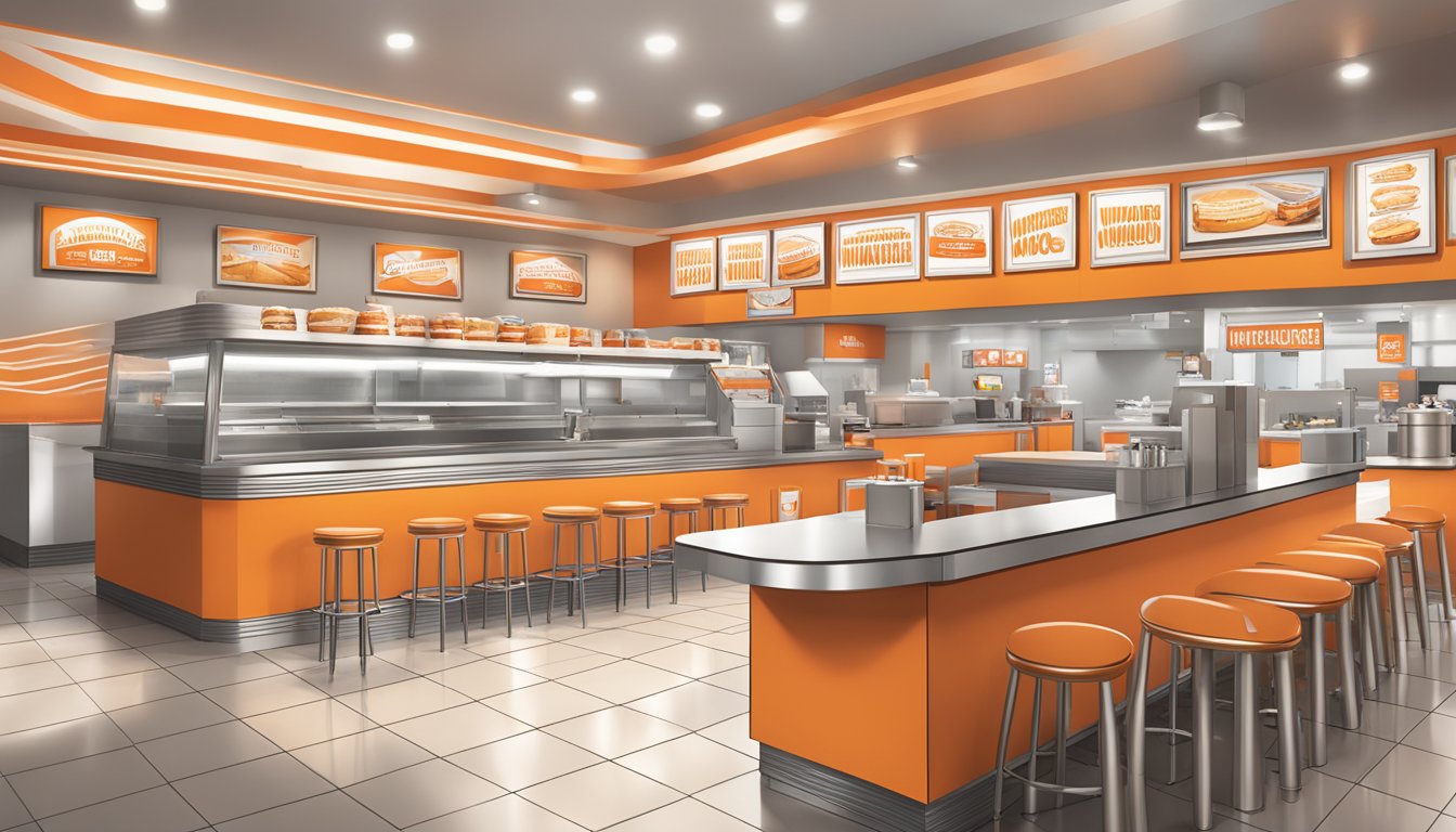 A bustling Whataburger restaurant with iconic orange and white branding, featuring merchandise such as t-shirts and mugs on display