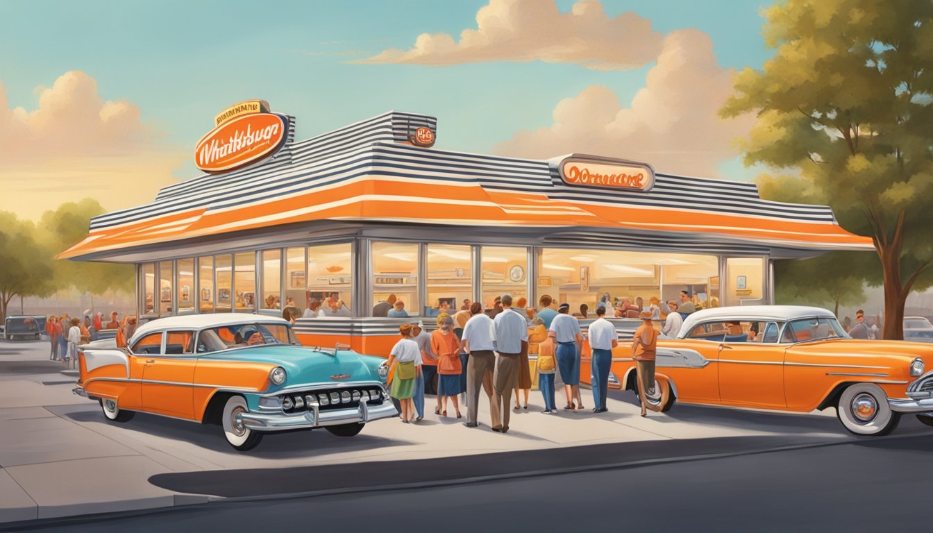 A bustling 1950s diner, with the iconic orange and white striped roof of a Whataburger restaurant, surrounded by happy customers and busy staff