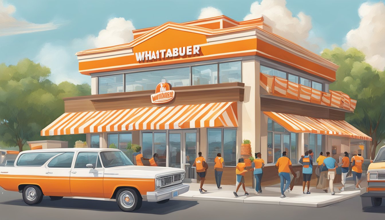 A bustling Whataburger restaurant surrounded by diverse communities, with a mix of cultural influences reflected in the architecture and decor