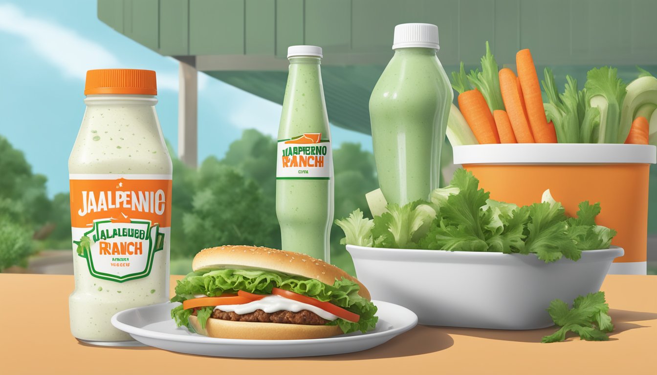 A bottle of jalapeno ranch dressing sits next to a Whataburger meal, surrounded by fresh vegetables and a glass of water