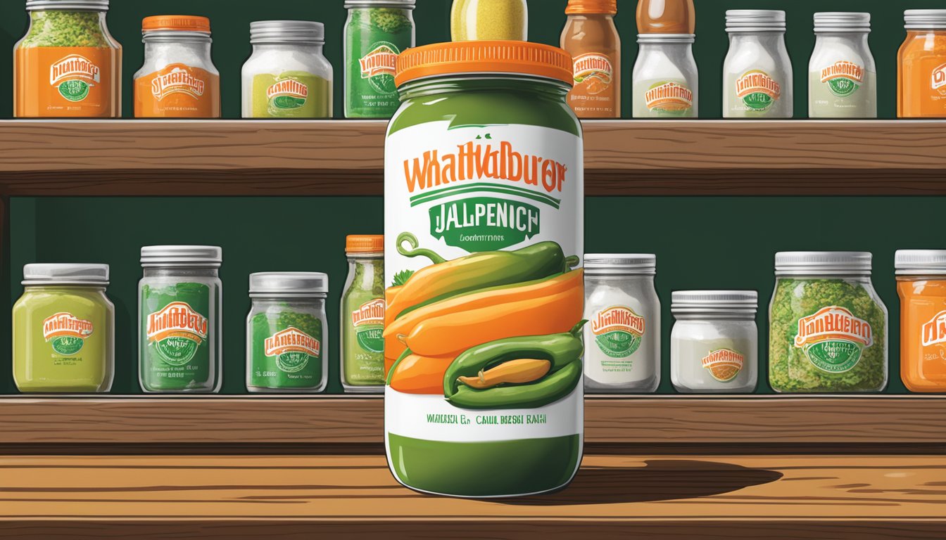 A jar of jalapeno ranch sits on a shelf, surrounded by other condiments. The label is colorful and eye-catching, with the Whataburger logo prominently displayed