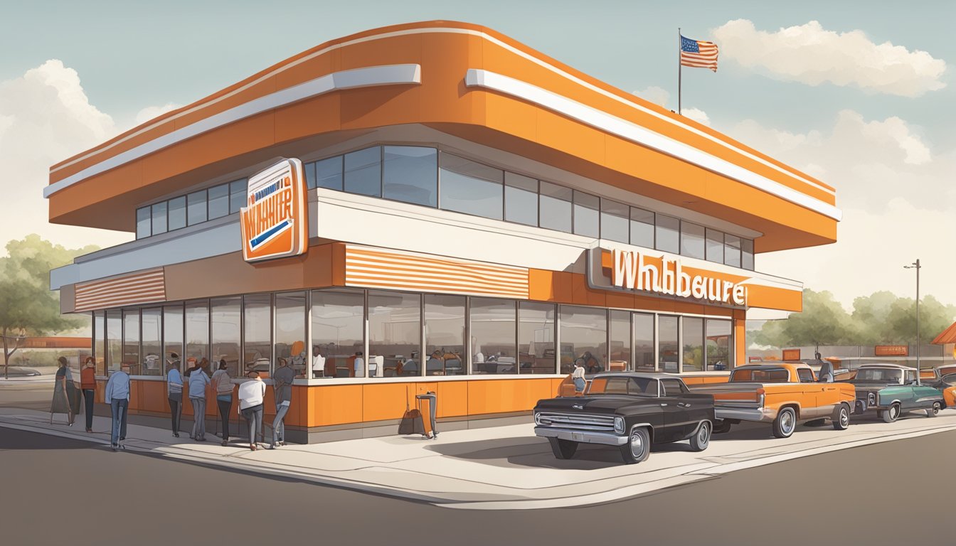 A bustling Whataburger restaurant in Oklahoma, with the iconic orange and white striped roof, drive-thru lanes, and customers enjoying their meals