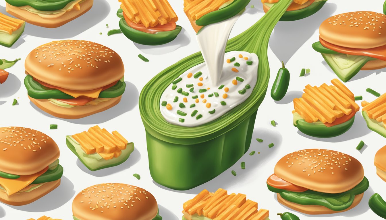 A dollop of jalapeno ranch is being drizzled over a Whataburger, with a sprinkle of garnishing tips adding the finishing touch