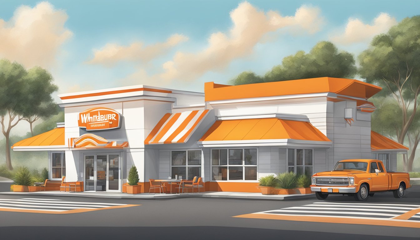 A bustling Whataburger restaurant with iconic orange and white striped building, drive-thru, and outdoor seating area