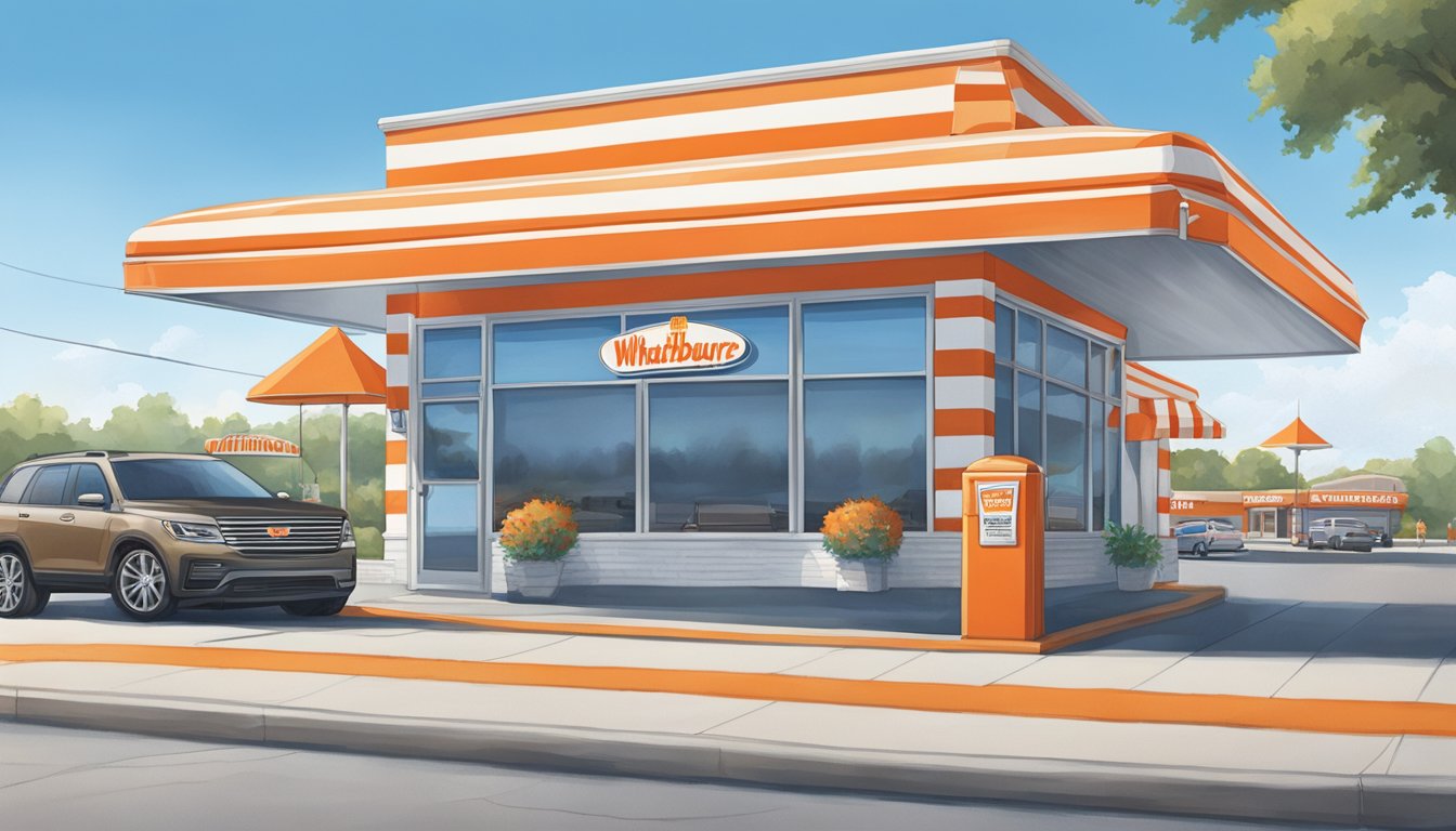 The iconic orange and white striped awning of a Whataburger restaurant stands proudly against a blue sky, with a line of cars wrapped around the drive-thru