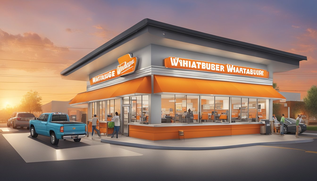 A bustling Whataburger franchise with employees serving customers at the counter and drive-thru, while the operations team manages the kitchen and ensures smooth customer service