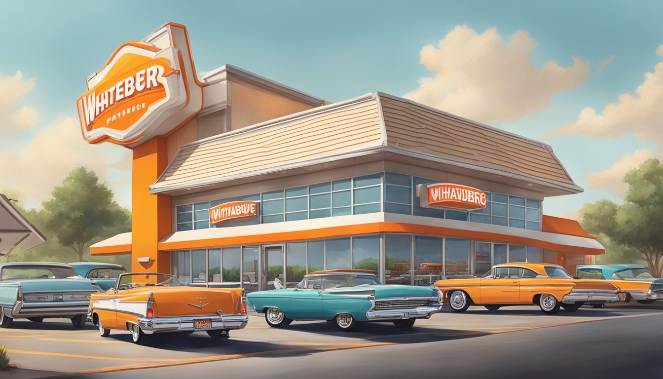 A bustling Whataburger location with a vintage exterior and a modern drive-thru, surrounded by cars and customers enjoying their meals at outdoor tables