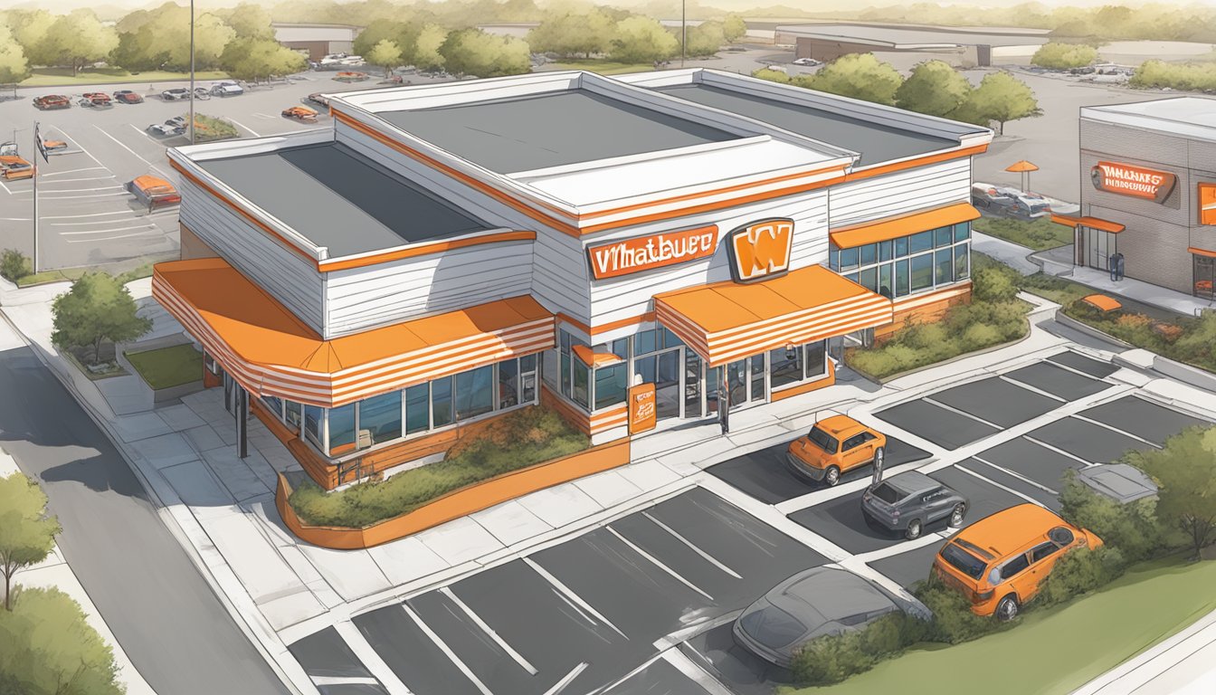 A bustling Whataburger location with the iconic orange and white striped building, drive-thru lanes, and a busy parking lot