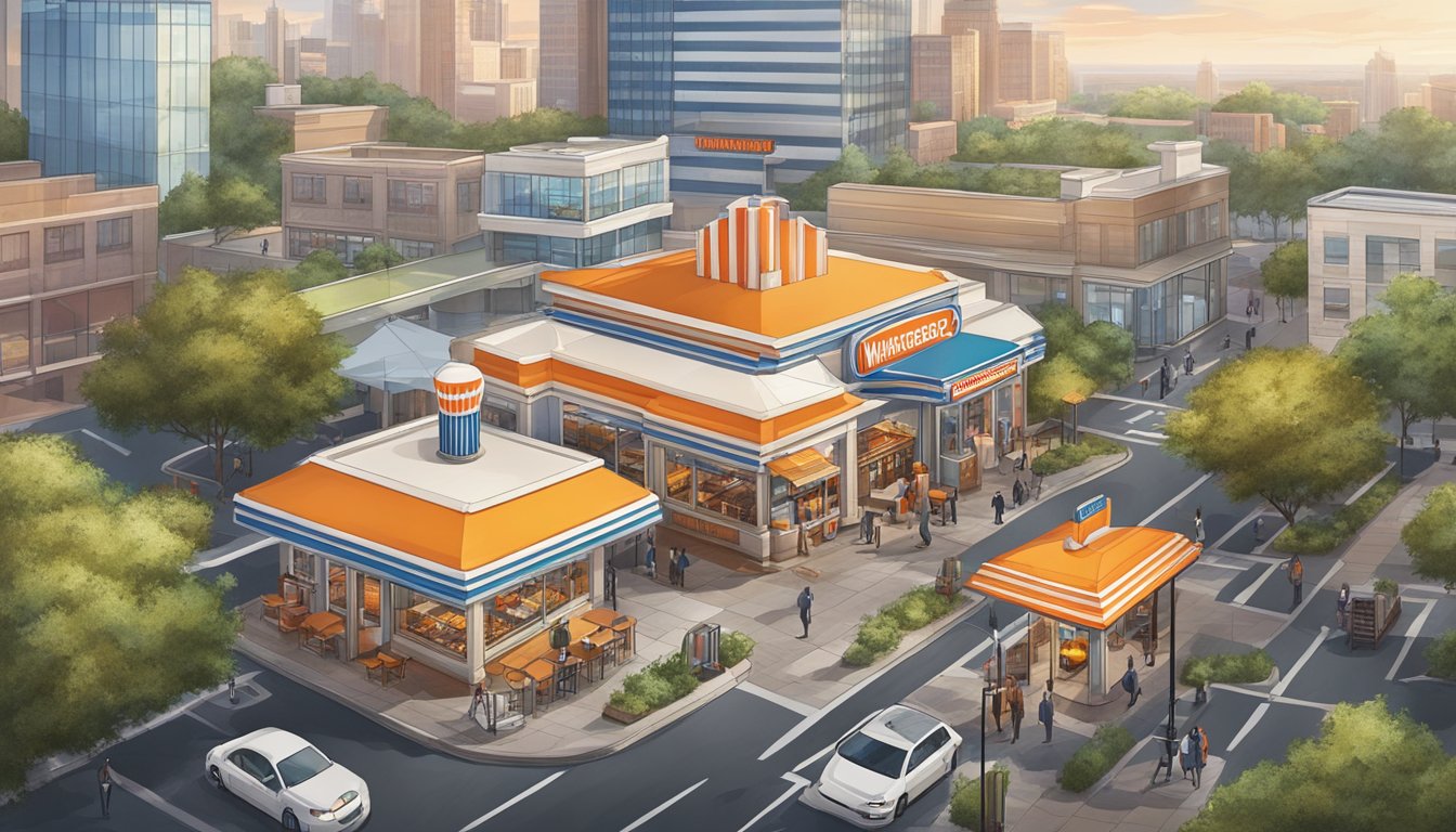 A Whataburger restaurant nestled in a bustling city, surrounded by a diverse range of urban buildings and landmarks