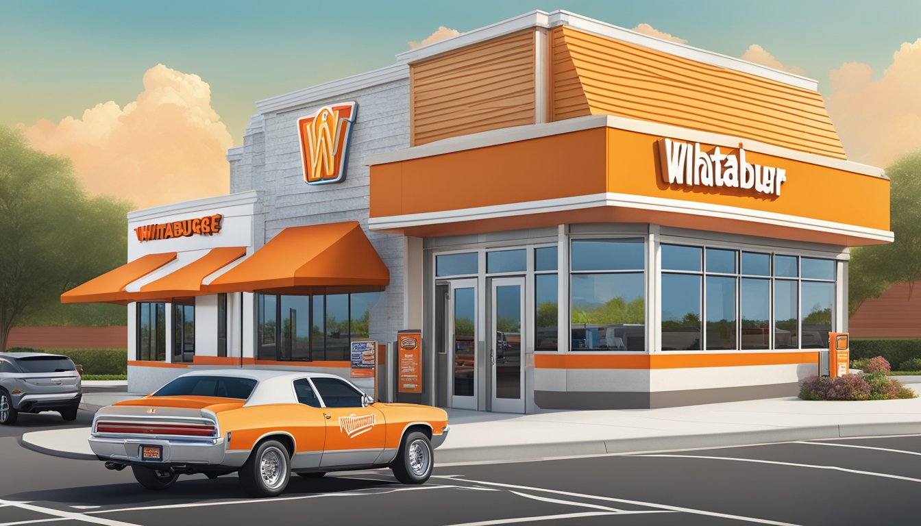 A bustling WhatABurger franchise with a drive-thru, outdoor seating, and a colorful logo prominently displayed on the building