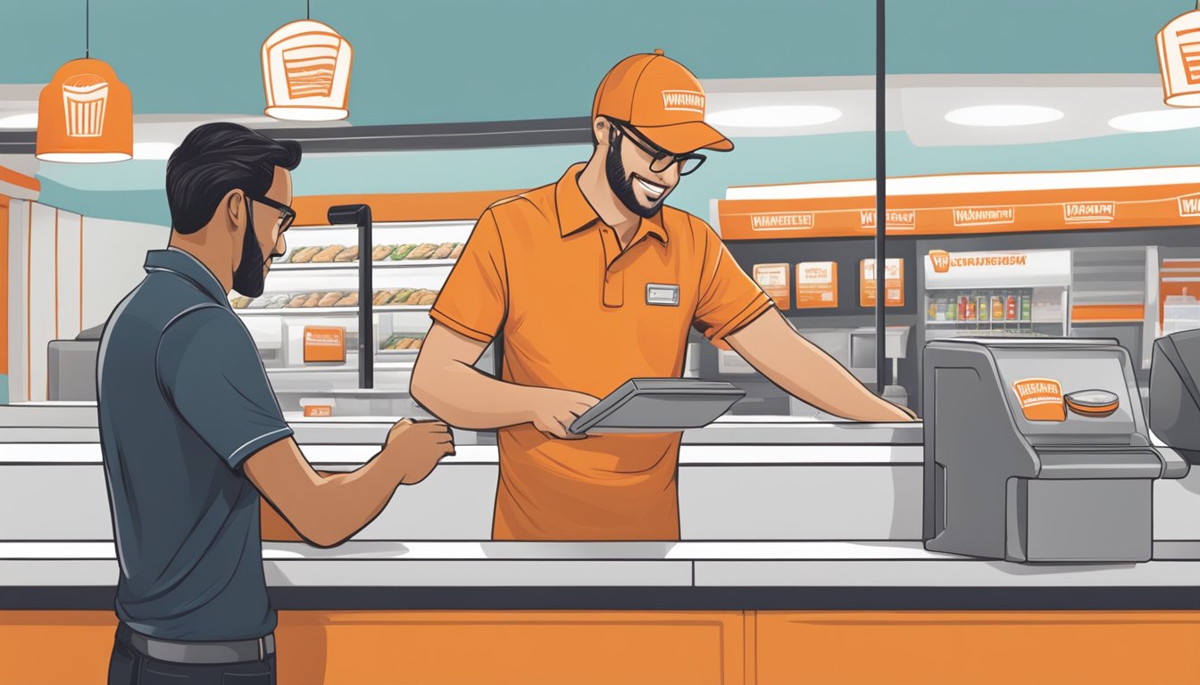 A customer at a Whataburger location, placing an order at the counter with a cashier