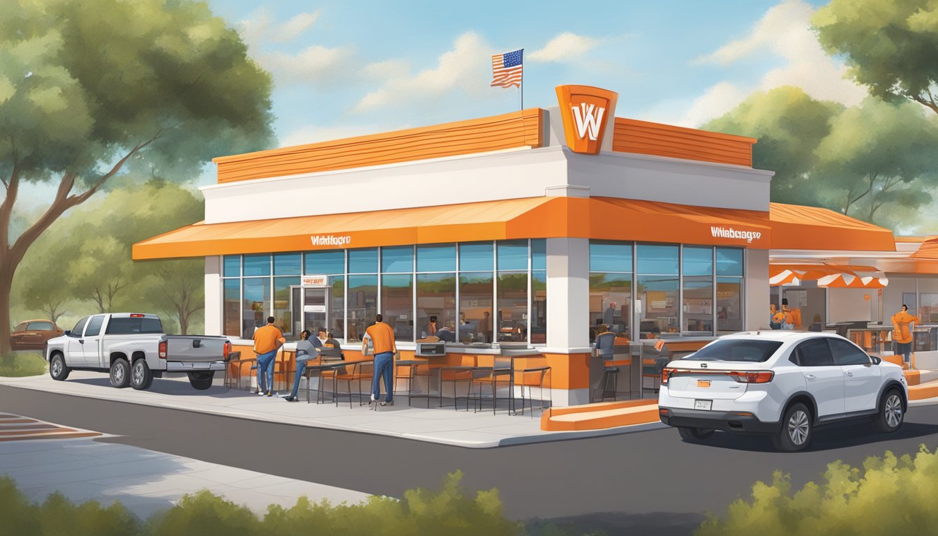 A bustling Whataburger restaurant with a drive-thru, outdoor seating, and employees working behind the counter