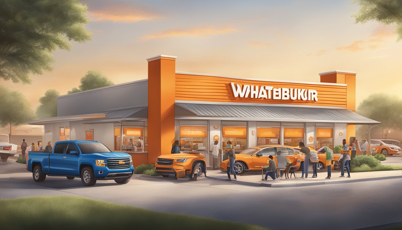 A bustling WhatABurger location with a drive-thru, outdoor seating, and a group of employees engaging with the local community through events and initiatives