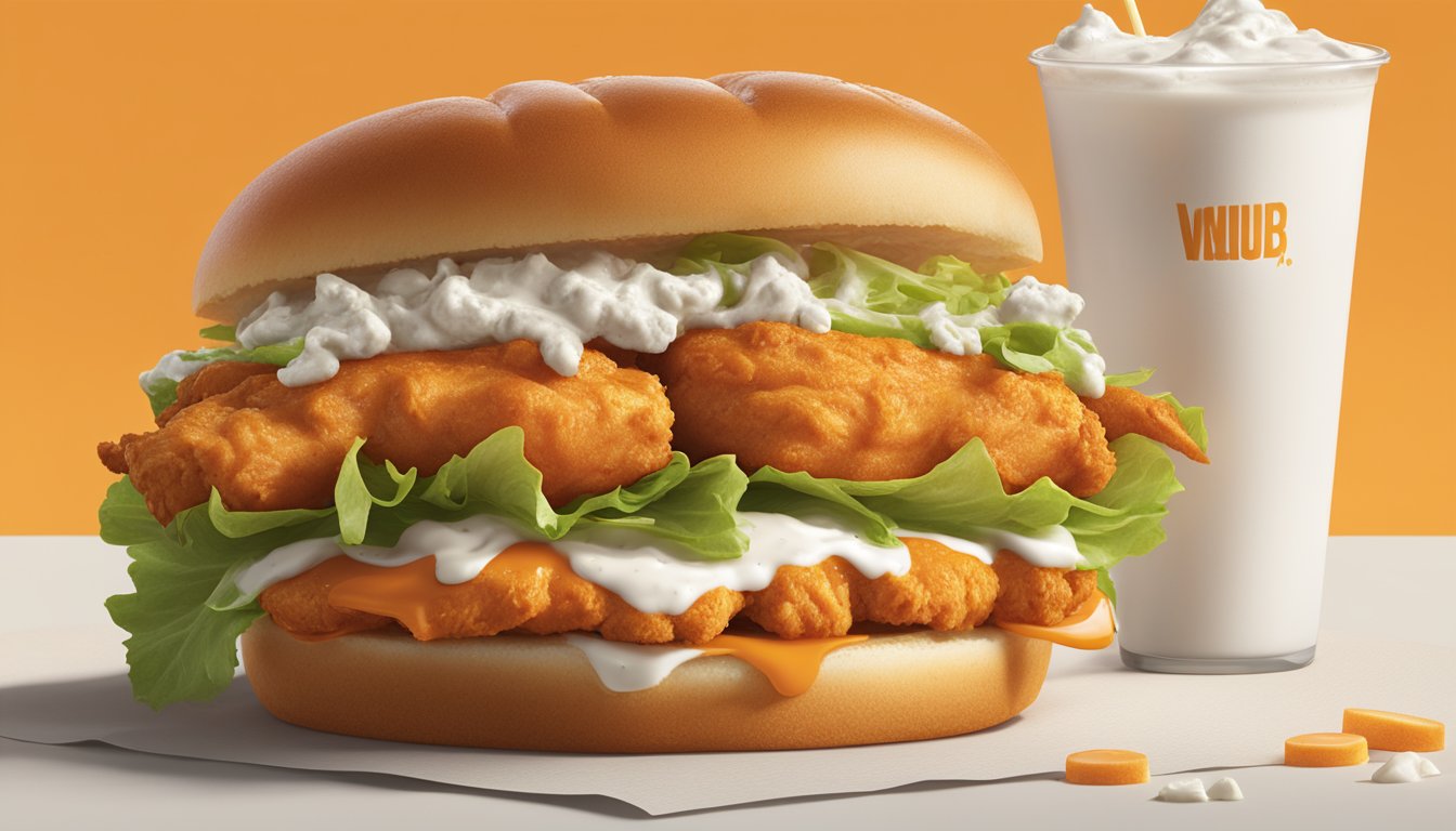 A sizzling buffalo chicken sandwich from Whataburger, with a golden-brown bun, spicy buffalo sauce, and tender, juicy chicken, topped with crisp lettuce and creamy ranch dressing