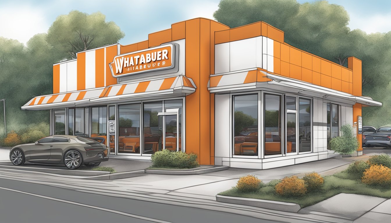 A Whataburger restaurant in a retail location, with the iconic orange and white striped building and a drive-thru window