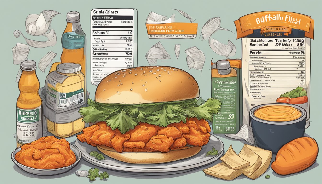 A buffalo chicken sandwich surrounded by ingredients and a nutrition label