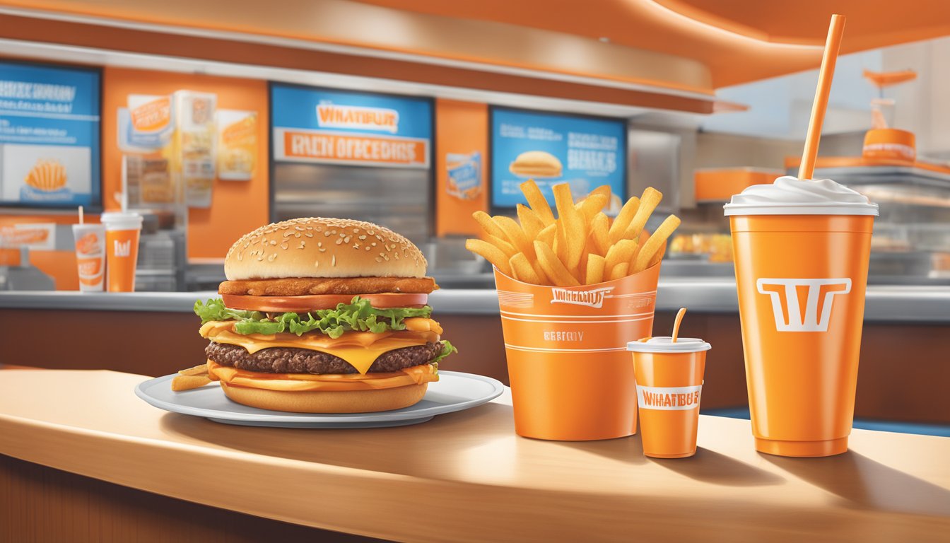 A colorful display of limited-time offers and specialty items at Whataburger, including mouthwatering burgers, fries, and drinks