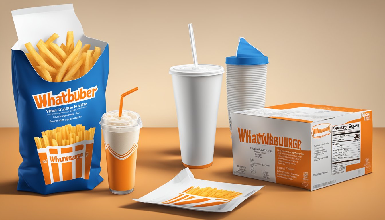 A table with a Whataburger bag, fries, and a drink, with the nutritional information displayed on the packaging