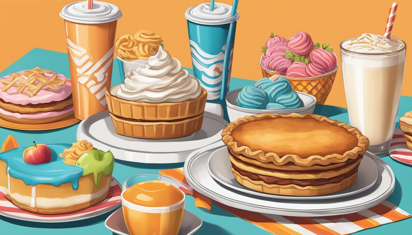 A table set with a Whataburger cup, milkshake, and apple pie, surrounded by colorful dessert options