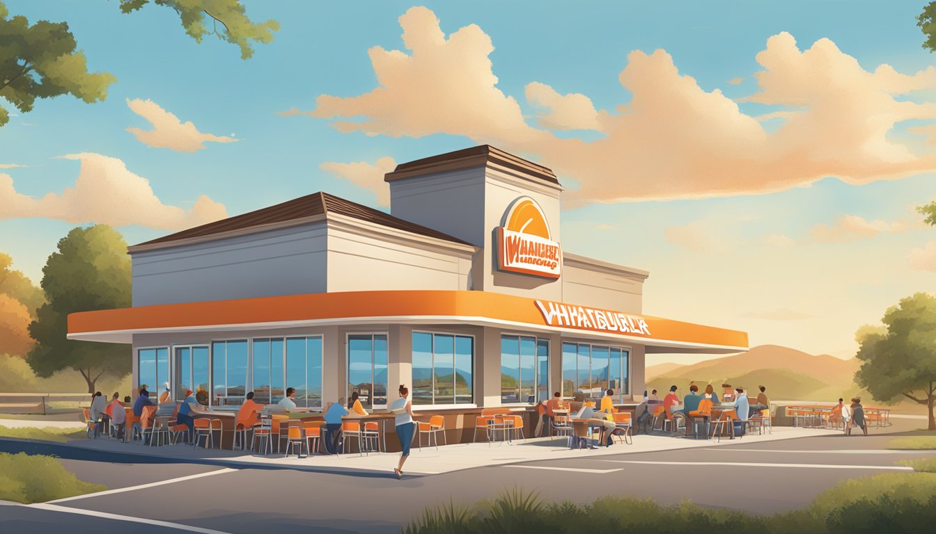 A bustling Whataburger restaurant in Alabama, surrounded by rolling hills and a clear blue sky, with customers enjoying their meals at outdoor tables