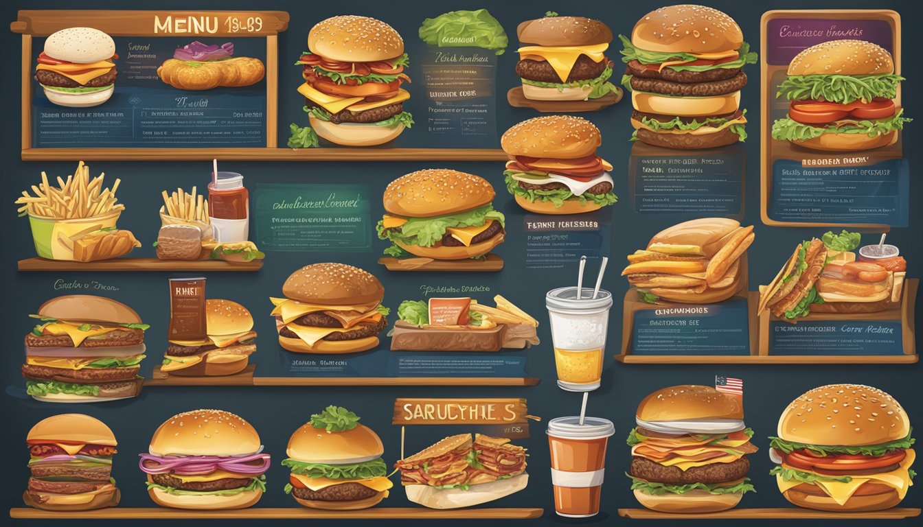 A colorful menu board featuring a variety of burgers and sandwiches, with enticing illustrations of each item and accompanying descriptions