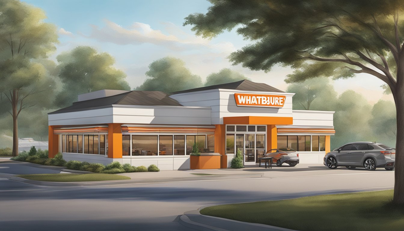 A Whataburger restaurant in Alabama, with a drive-thru and outdoor seating, surrounded by trees and easily accessible from the road