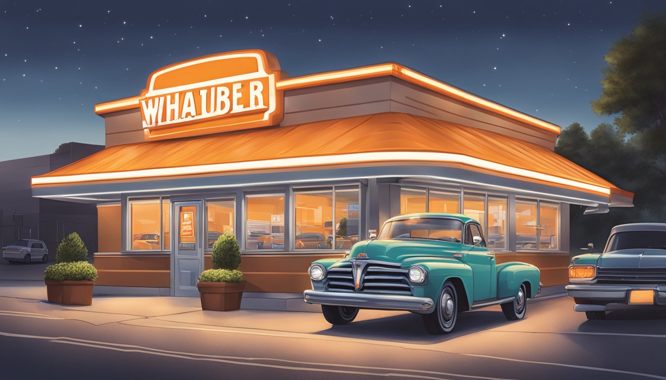 A Whataburger restaurant in Alabama with a glowing sign and drive-thru window, surrounded by parked cars and a bustling parking lot