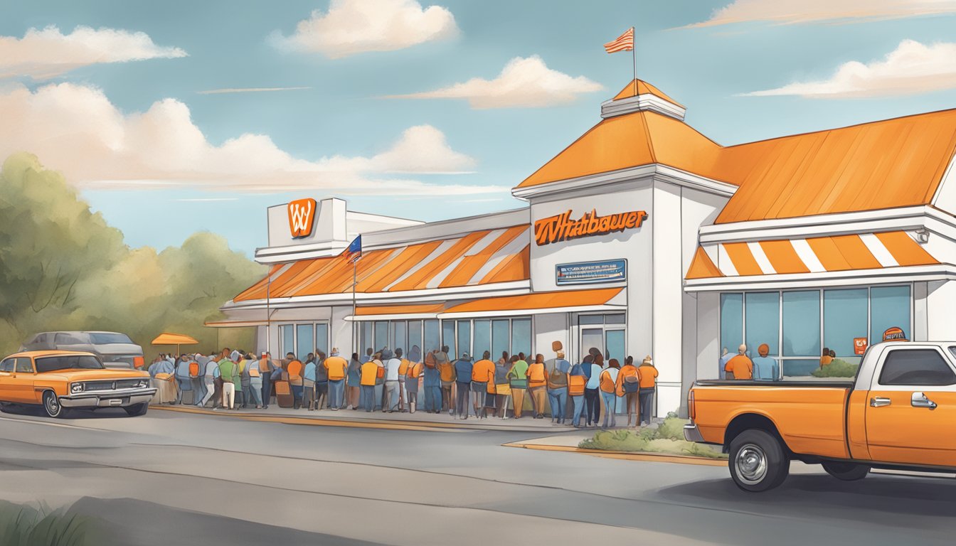 A bustling Whataburger in Alabama with a line of customers receiving rewards and signing up for the customer loyalty program