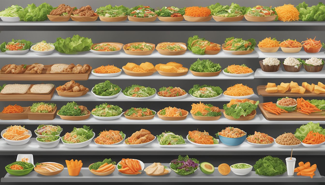 A colorful array of fresh salads, grilled chicken, and other healthy options displayed on a modern menu board at Whataburger in 2024