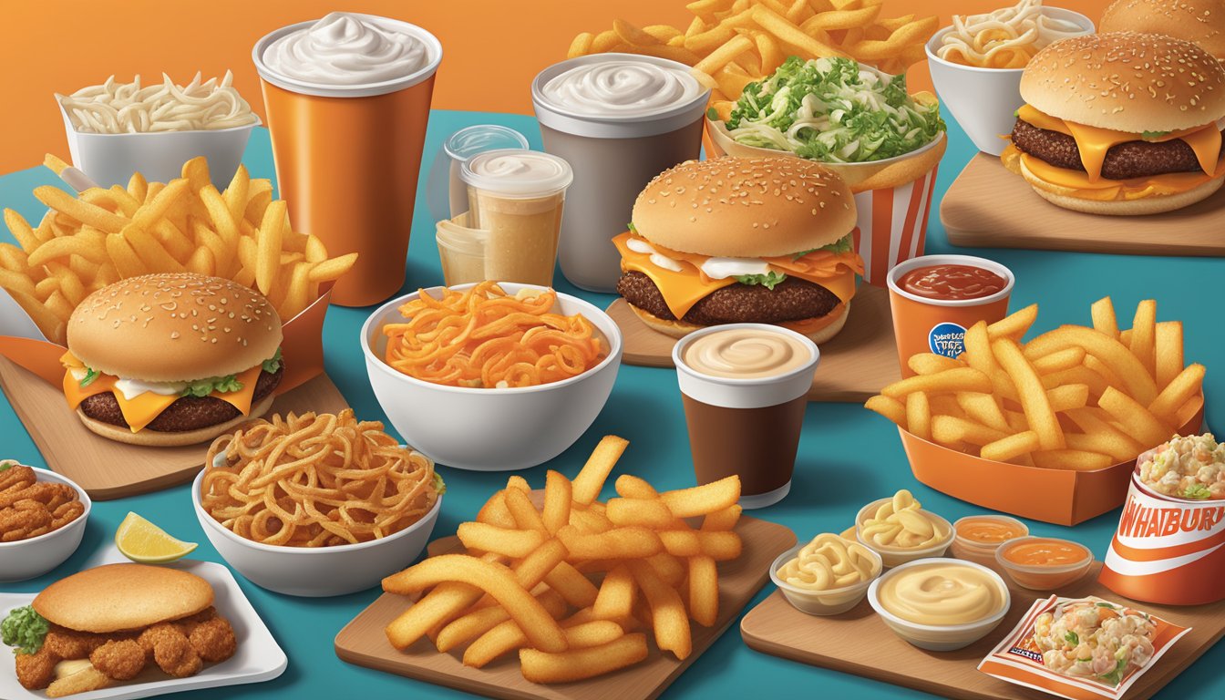 A colorful menu board featuring a variety of sides and snacks from Whataburger, with enticing images of fries, onion rings, and other tasty options