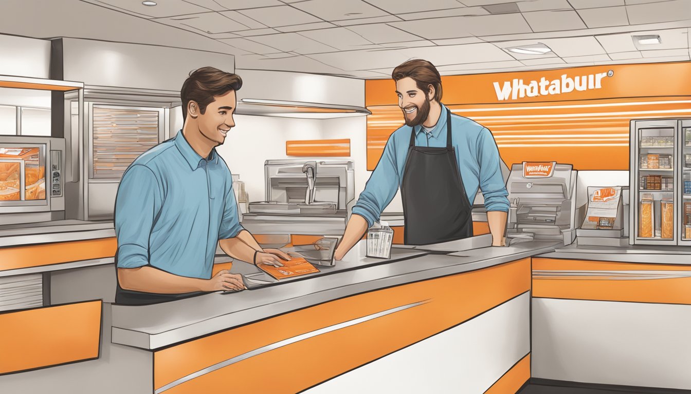 A customer at a Whataburger in Alabama provides feedback to a staff member at the customer service counter