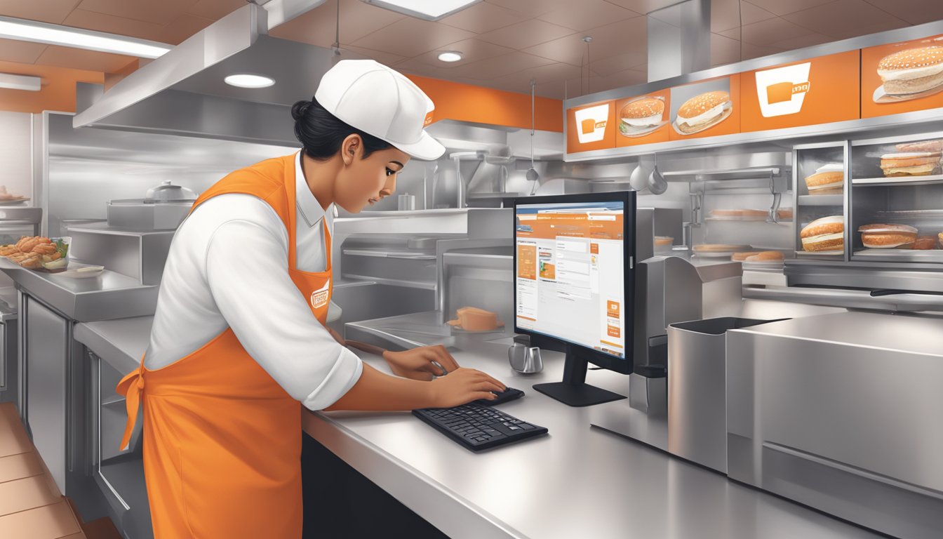 A Whataburger employee accessing the company website on a desktop computer in a busy restaurant kitchen