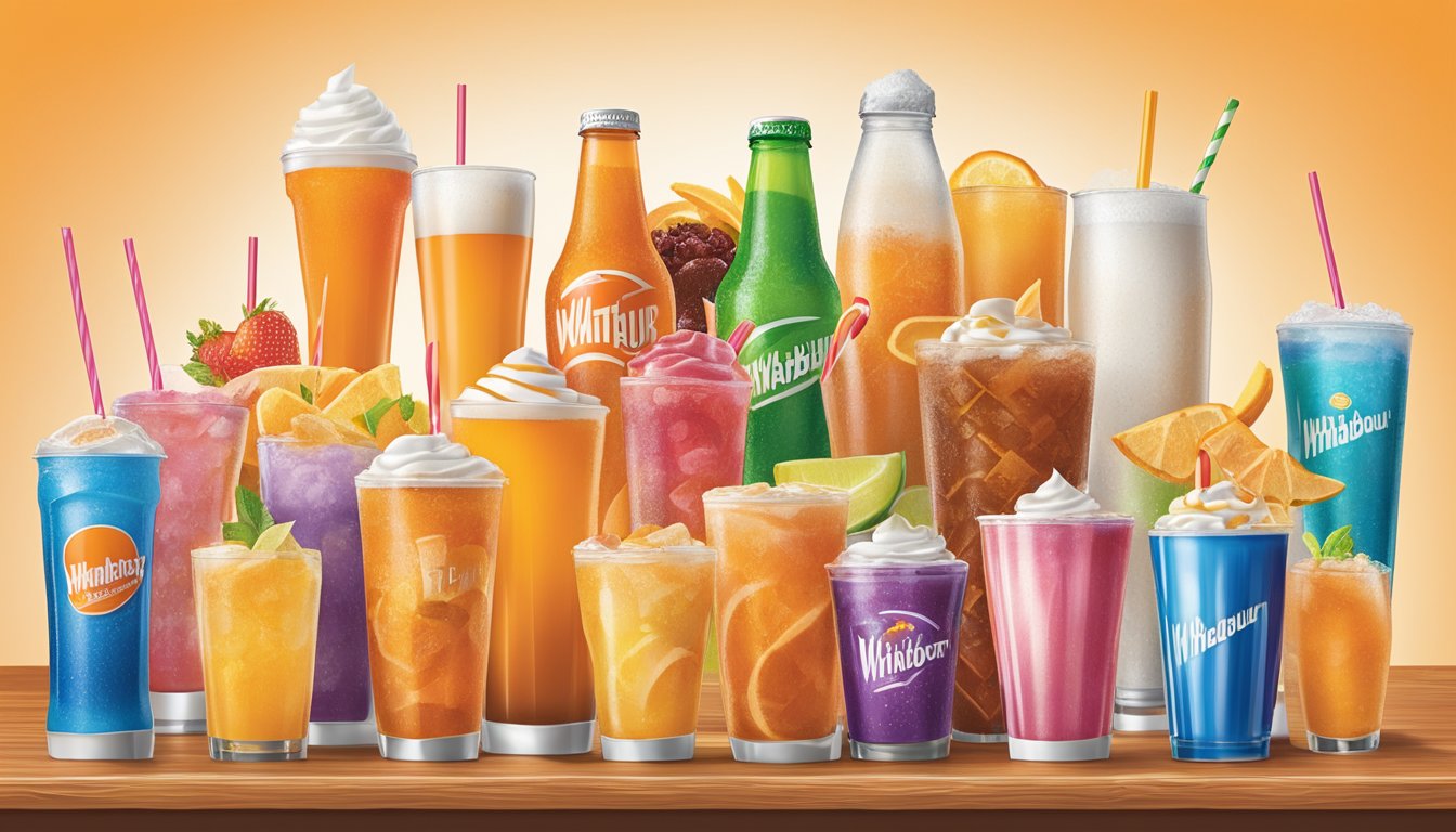 A colorful array of beverages and drinks arranged on a modern Whataburger menu board