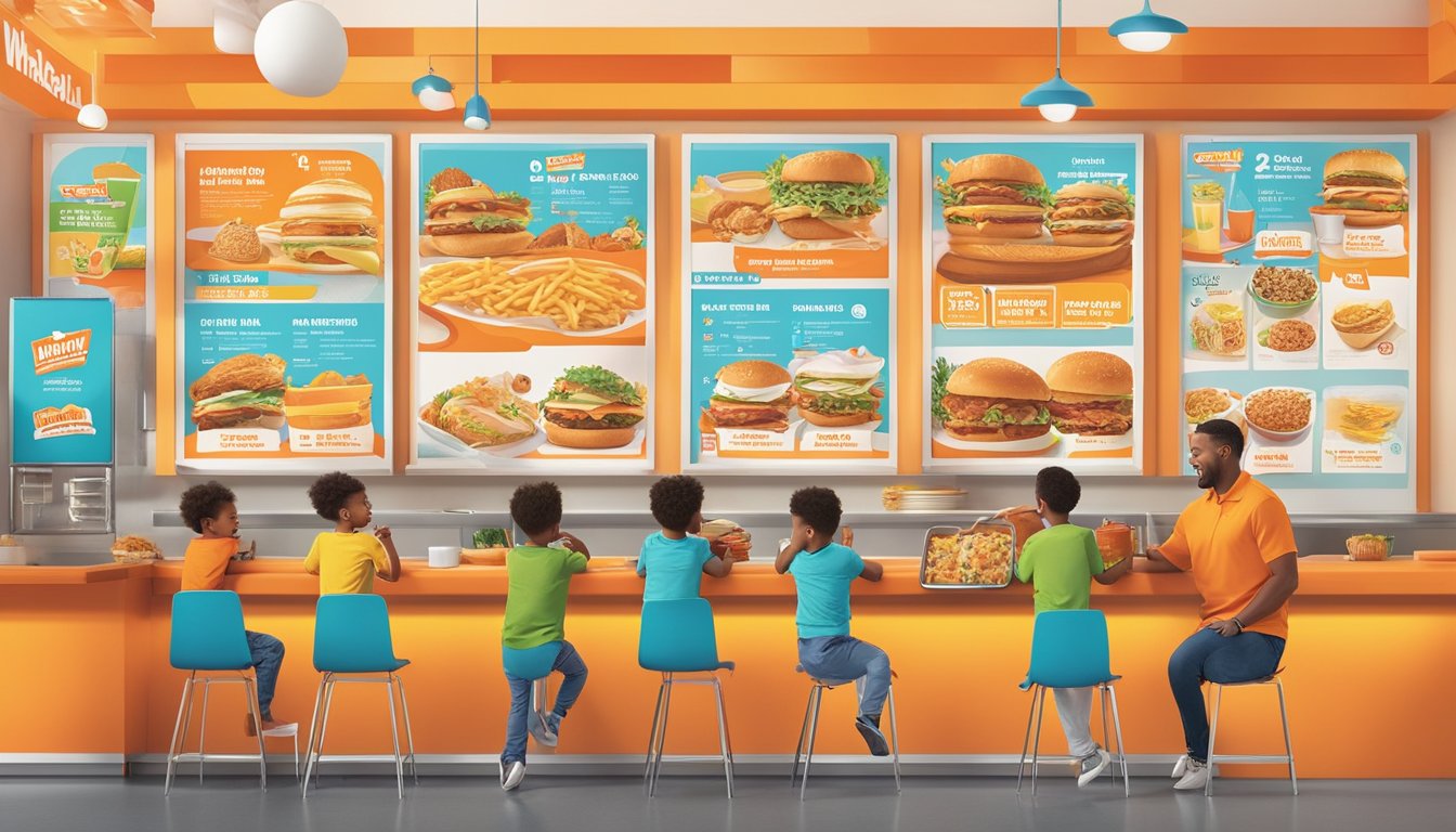 A colorful kids menu with fun illustrations, alongside family-friendly meal options, displayed on a vibrant 2024 Whataburger menu board