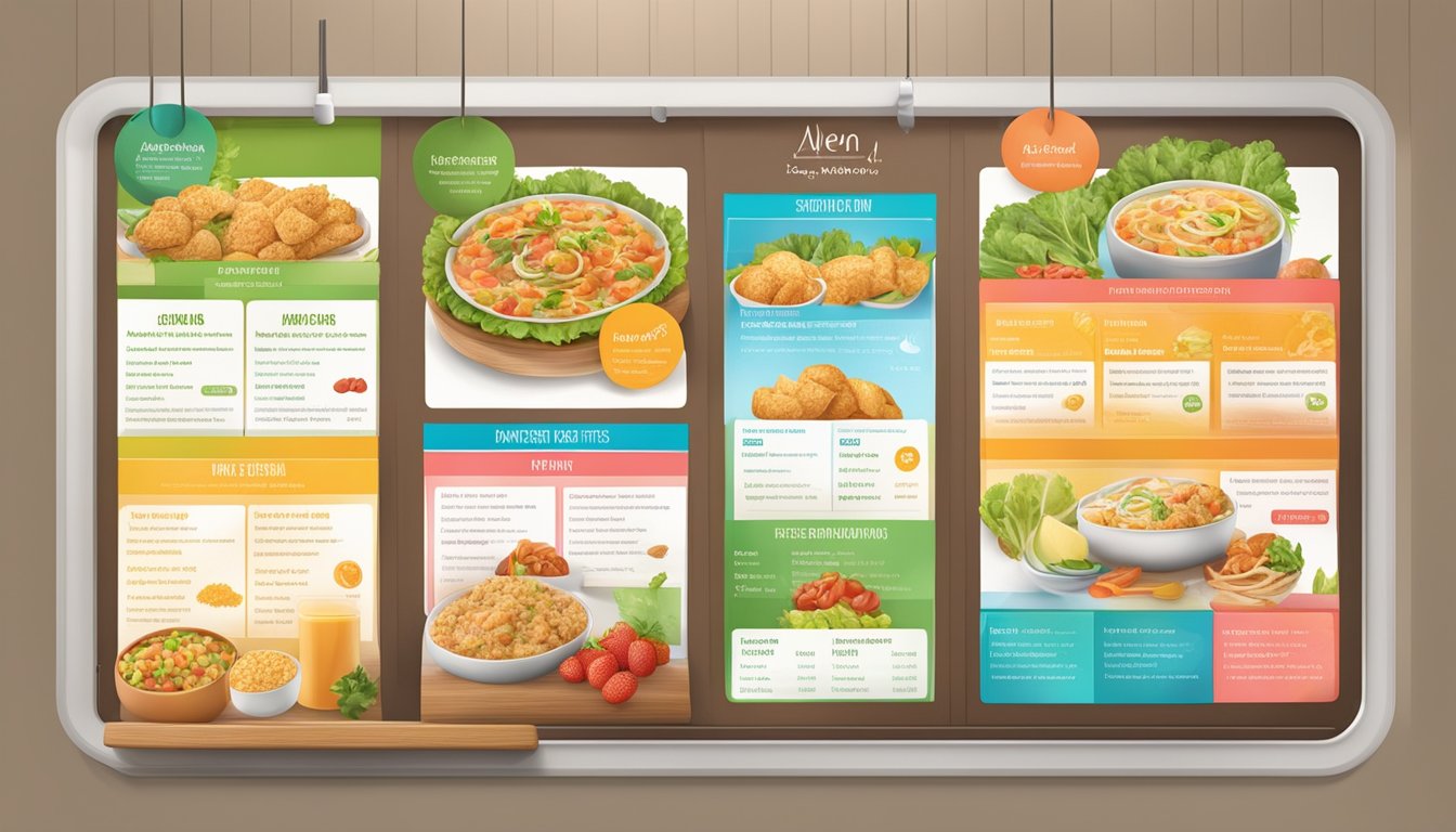 A colorful menu board with clear allergen and nutritional information displayed alongside appetizing food illustrations