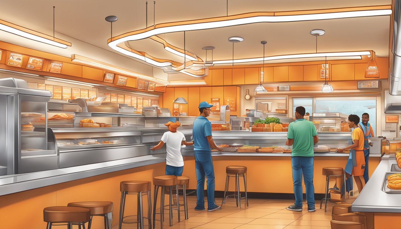 A bustling Whataburger restaurant with customers ordering at the counter and staff preparing food in the kitchen