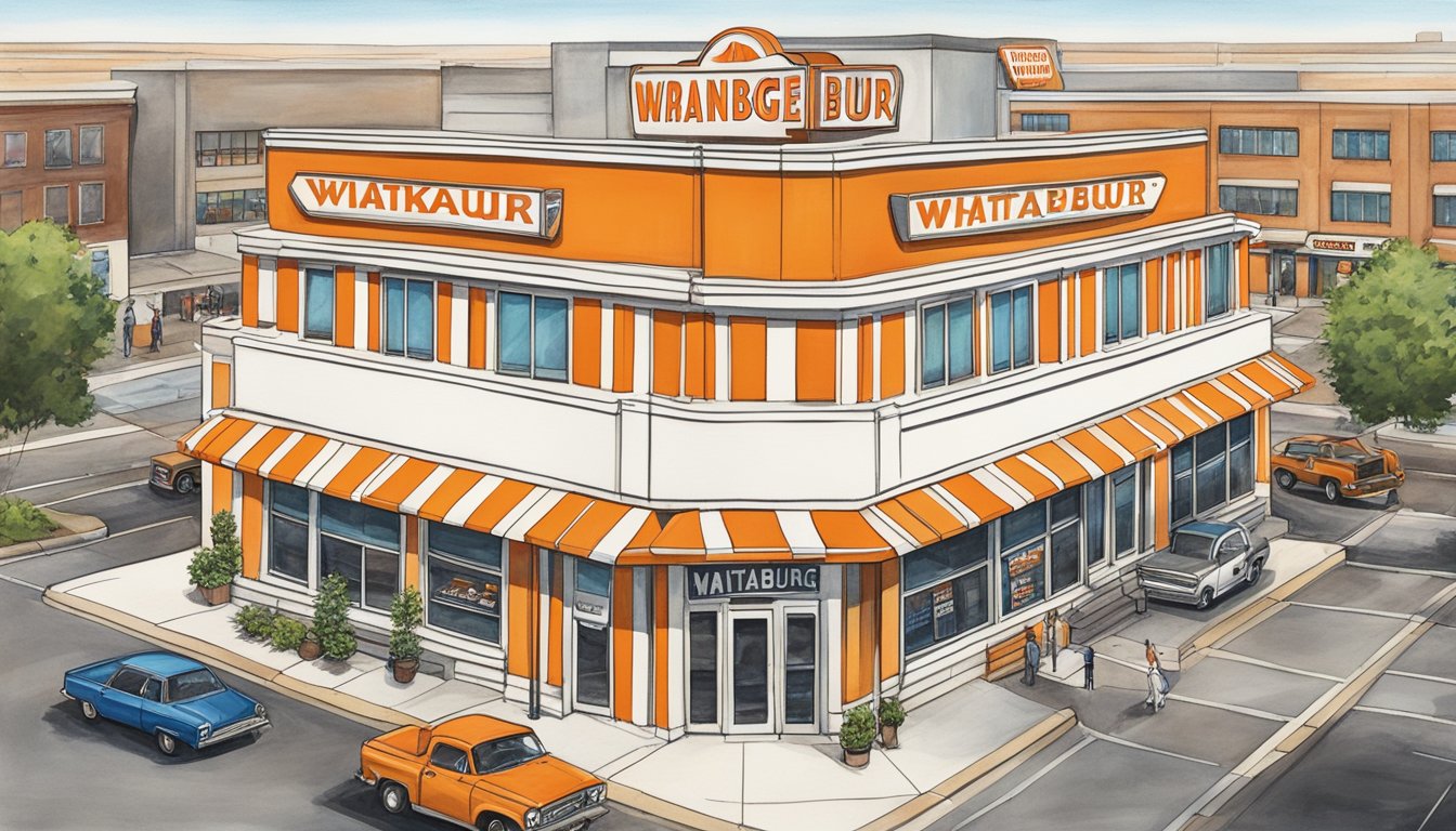 The iconic orange and white striped Whataburger building stands proudly in the heart of Wichita, surrounded by a bustling parking lot and a steady stream of hungry customers