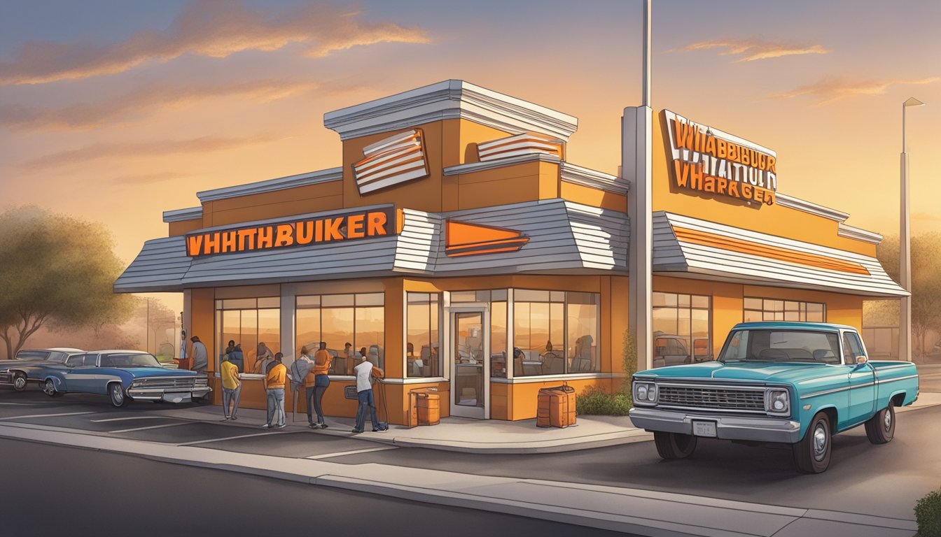 A bustling Whataburger restaurant in Wichita, with a line of cars at the drive-thru and a steady stream of customers entering and exiting the building