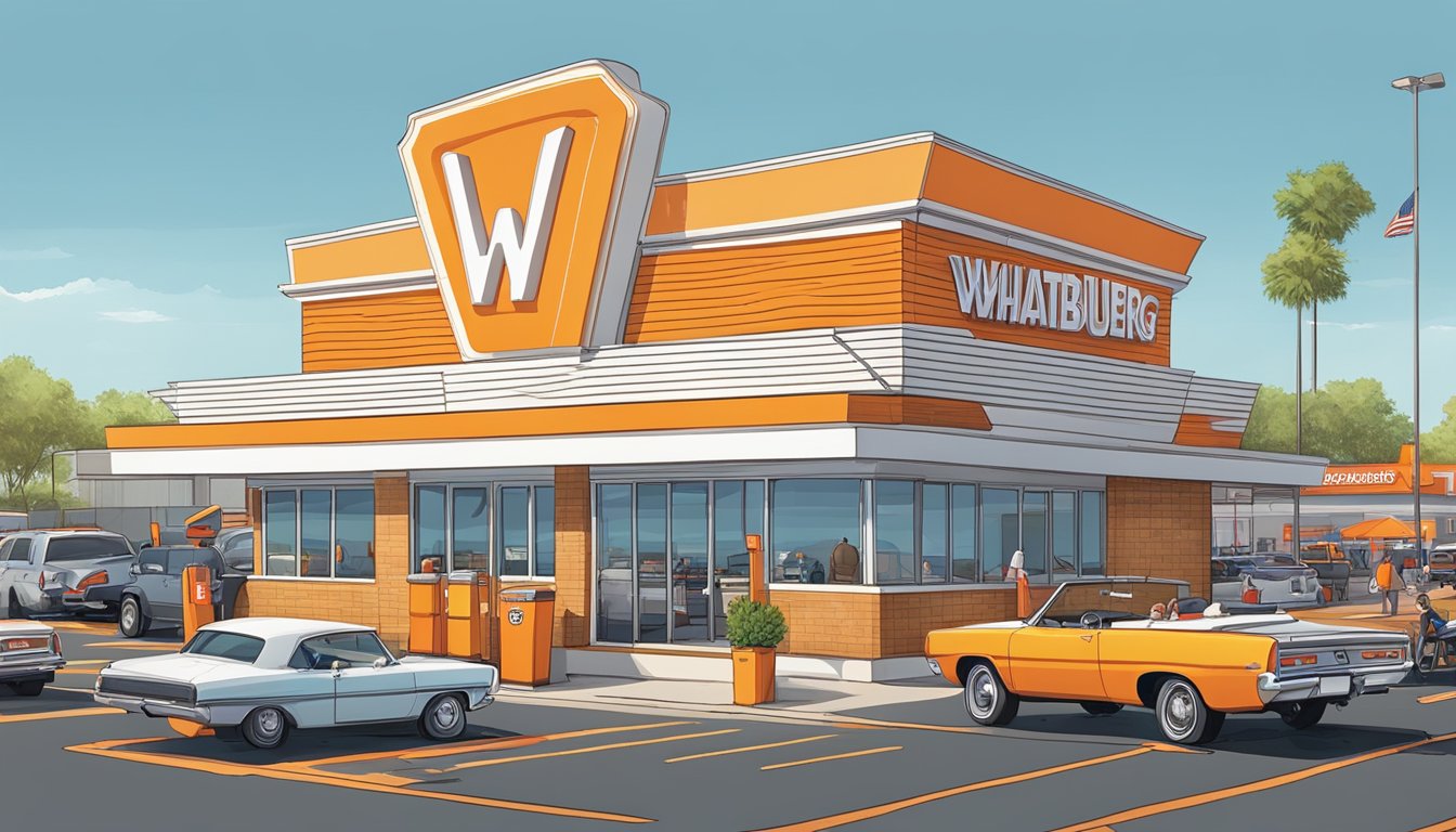 A bustling Whataburger restaurant in Wichita, with a colorful sign and drive-thru, surrounded by a busy parking lot and hungry customers