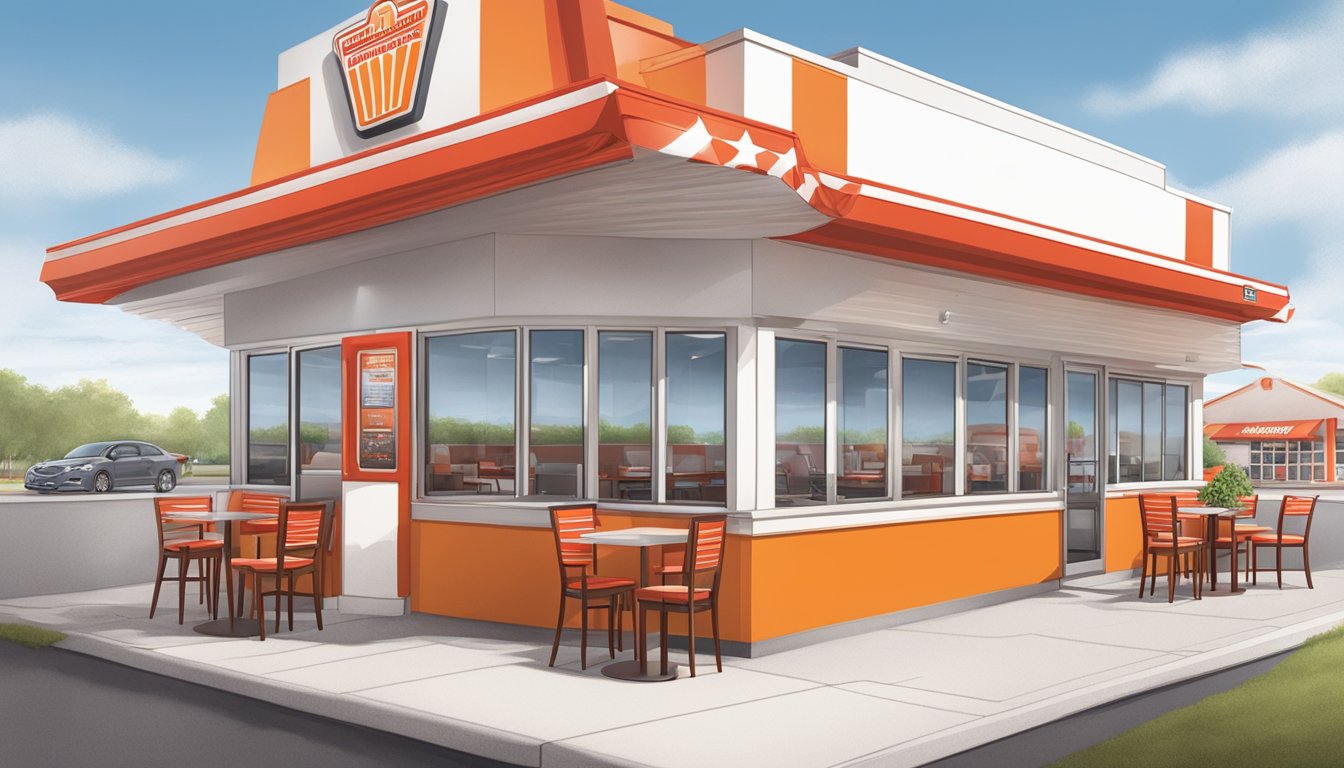 A bustling Whataburger restaurant with a bright red and white color scheme, a drive-thru window, outdoor seating, and a welcoming atmosphere