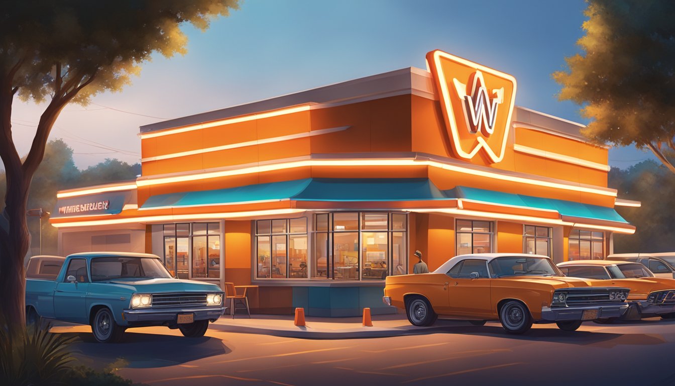 A bustling Whataburger restaurant with drive-thru and outdoor seating, surrounded by a busy parking lot and illuminated by bright neon lights