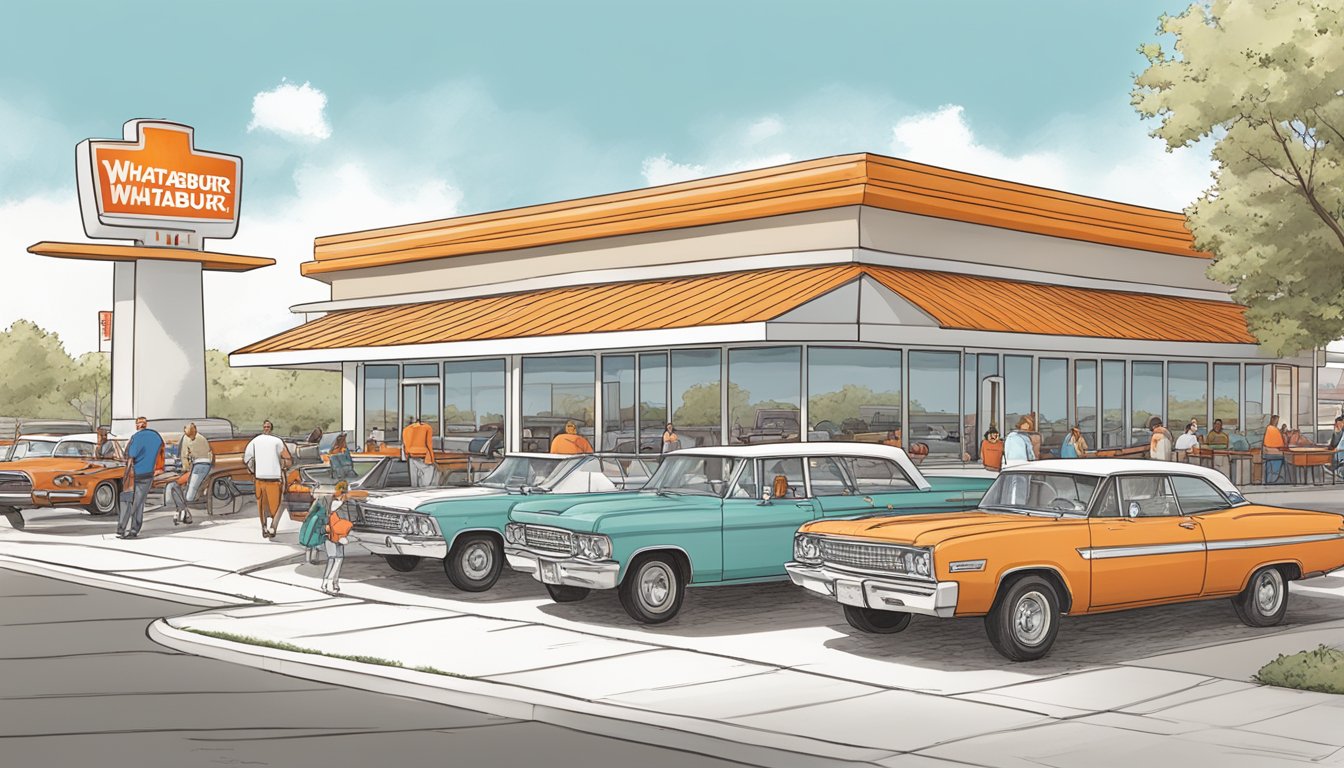 A bustling Whataburger in Wichita, with a line of cars wrapped around the drive-thru and families enjoying burgers and shakes at outdoor tables