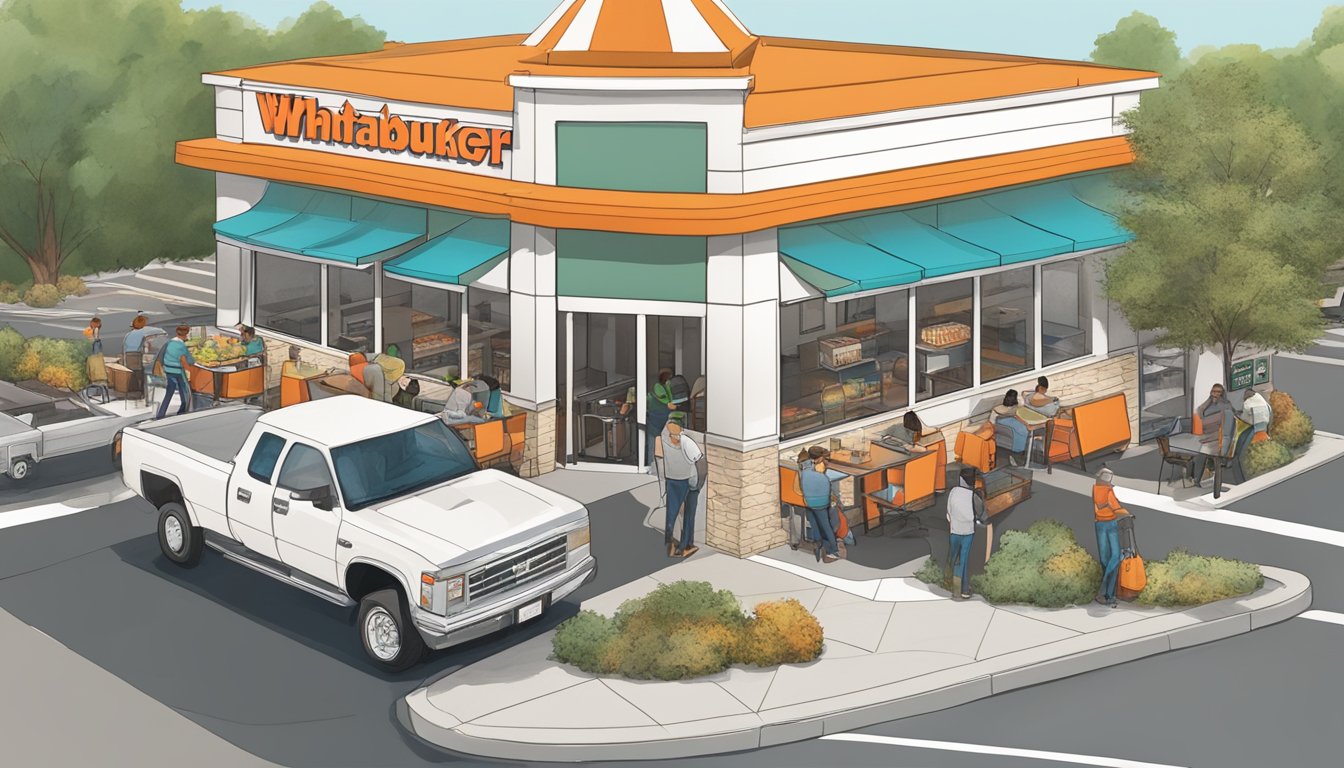 A bustling Whataburger in Concord, with a drive-thru line and outdoor seating, surrounded by local dining alternatives