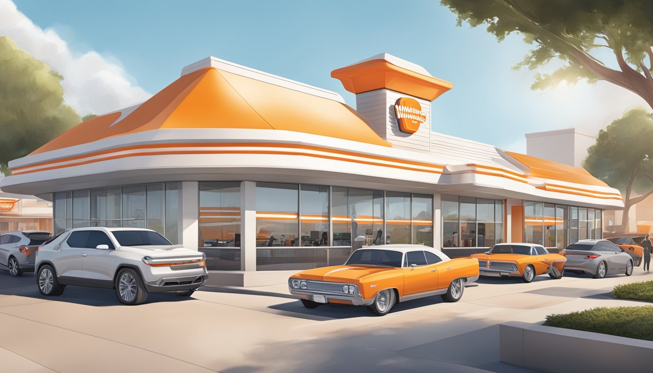 A bustling Whataburger restaurant in Wichita, with a futuristic design and a sleek, modern exterior. The drive-thru is busy with cars, and the interior is filled with customers enjoying their meals